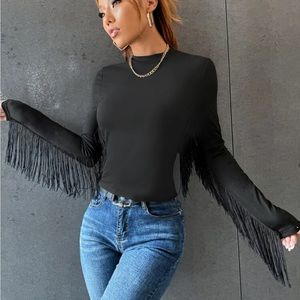 SHEIN Fringe Trim Solid Fitted Tee Size L Large 8/10 Black